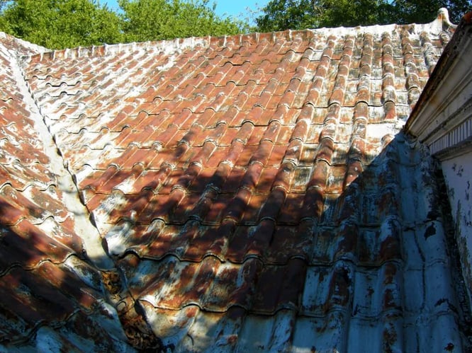 Close up of rusted metal tile roof replace by renaissance roofing
